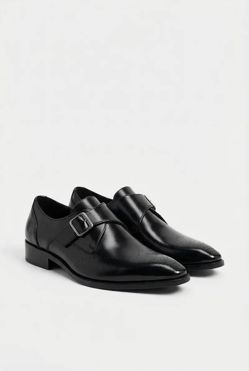 Men’s Leather Monk Strap Shoes Round Toe Buckle Closure