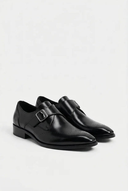 Men’s Leather Monk Strap Shoes Round Toe Buckle Closure