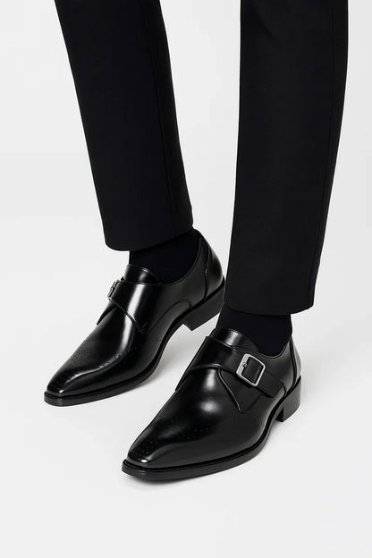 Men’s Leather Monk Strap Shoes Round Toe Buckle Closure