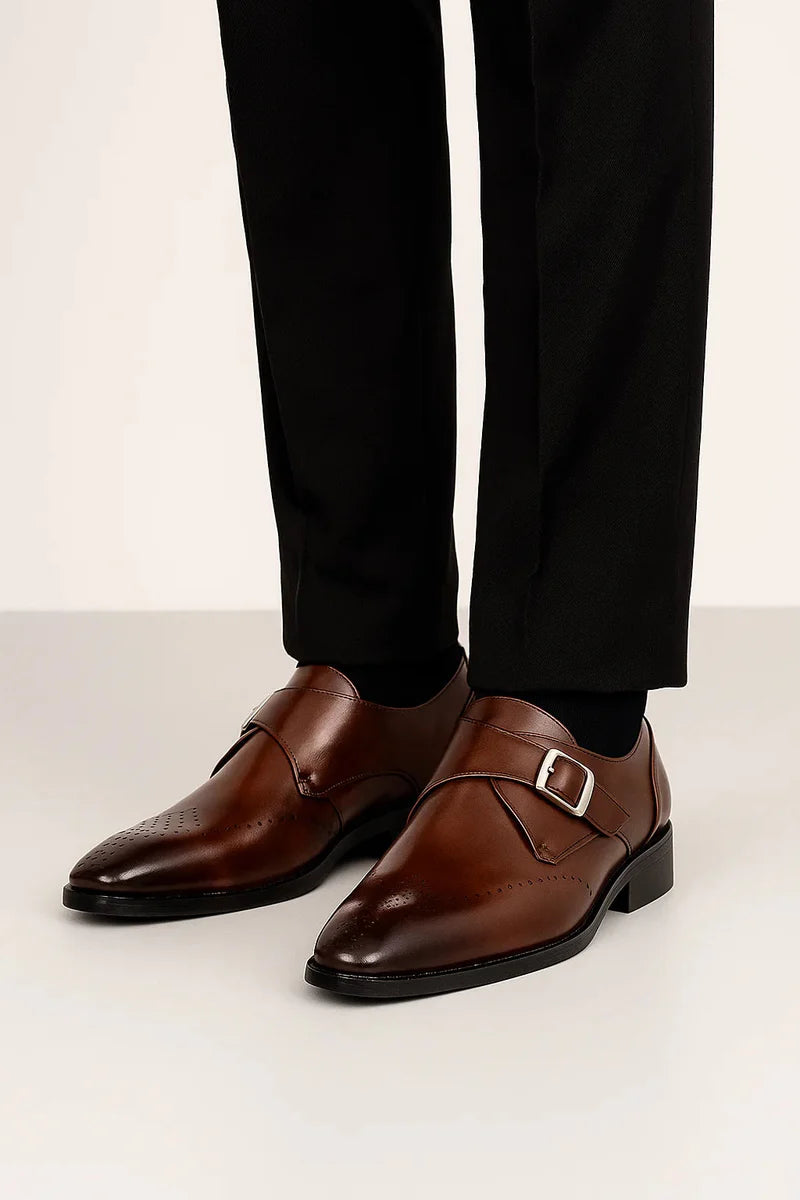 Men’s Leather Monk Strap Shoes Round Toe Buckle Closure