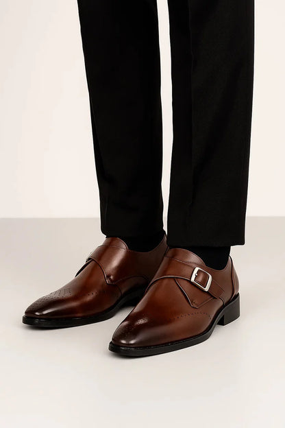 Men’s Leather Monk Strap Shoes Round Toe Buckle Closure