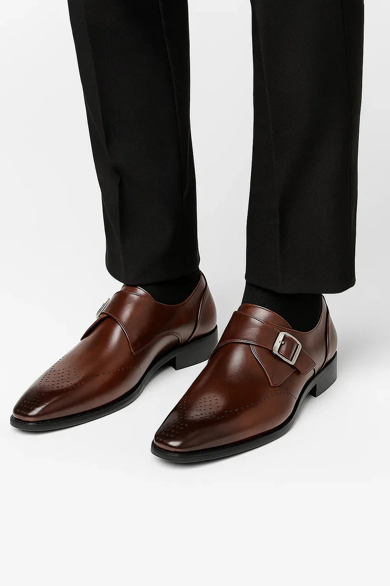 Men’s Leather Monk Strap Shoes Round Toe Buckle Closure